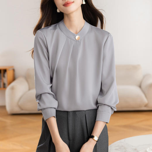 KQL 617T8335纯色压褶衬衫长袖职业衬衣小衫 商品图2