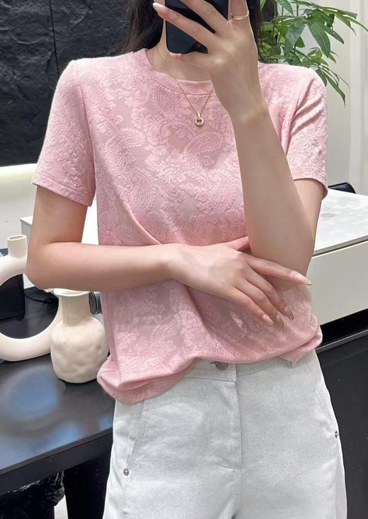 丁摩 新中式纯棉圆领国风T恤女夏季新款短袖复古显瘦气质提花上衣5ZF-170 商品图5