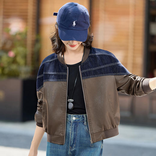 HRYYG82986牛仔撞色拼接棒球服皮衣外套2025秋季新款短款时尚百搭夹克上衣 商品图0