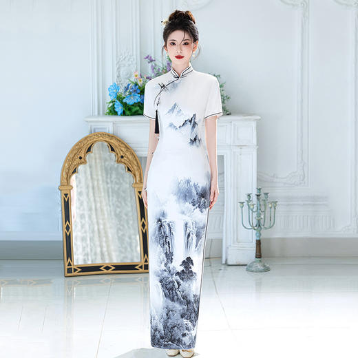 SC21866水墨山水画加长款国风长款改良旗袍2025新款女复古修身礼仪走秀款 商品图0