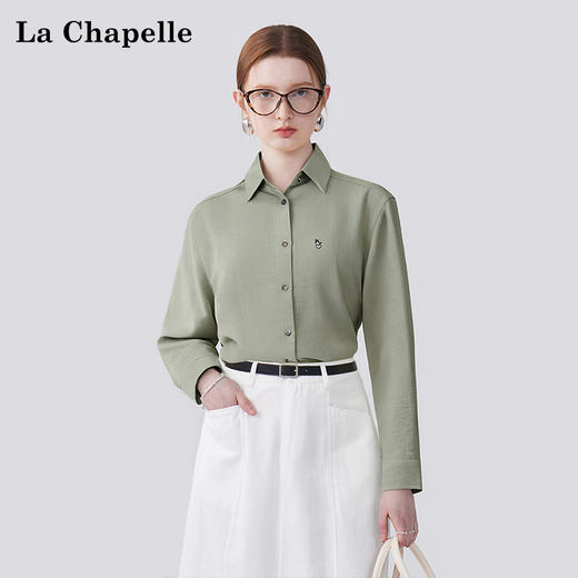 会员福利【高棉+亚麻/刺绣】拉夏贝尔/La Chapelle简约时髦松弛感翻领衬衫小众设计感刺绣口袋亚麻衬衣 商品图0