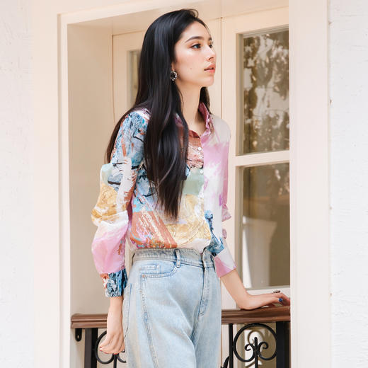 谜底花色衬衫长袖女2025秋季新款复古印花纯棉亲肤衬衣257MC7851 商品图1