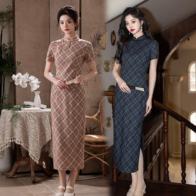 SC21874温柔风粉色格子旗袍2025春夏新款修身显瘦改良少女中式连衣裙女装