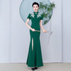 2025年新款高端走秀旗袍墨绿色弹力免烫鱼尾长款复古演出服 商品缩略图3