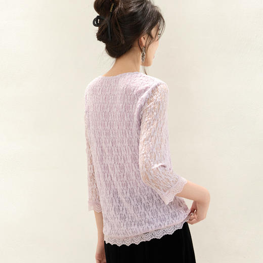 「自」全新升级【铂金会员174/天猫229/差价55】(43622)洛诗琳新款圆领钉珠长袖2025秋季气质网纱蕾丝打底上衣女 商品图4