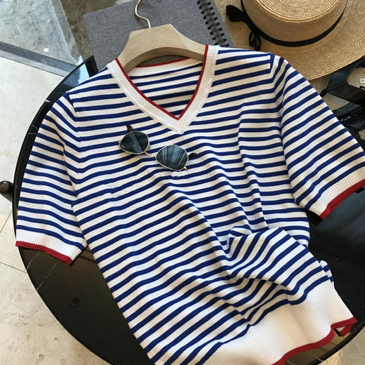 丁摩 这款Y定要入！薄款条纹宽松圆领V领针织衫短袖T恤女夏季5ZF-1253 商品图5