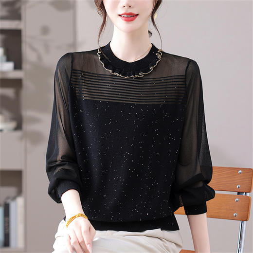 针织衫女装2025春秋新款网纱拼接长袖T恤女宽松显瘦打底衫上衣薄 商品图1