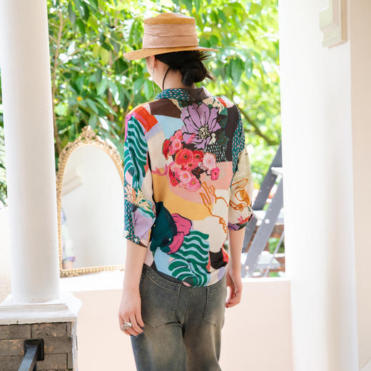 谜底花色衬衫七分袖女2025秋新款复古印花柔软亲肤衬衣257MC7850 商品图2