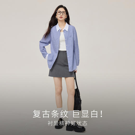 【周末秒杀】熙世界100%棉miu风条纹衬衫女2025春秋新款气质撞色翻领休闲上衣 商品图2
