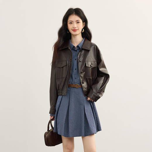 【08/19新品】熙世界学院风蓝色格子衬衫连衣裙女2025秋季新款长袖收腰百褶短裙 商品图4