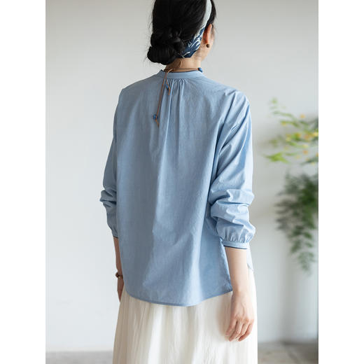 牧衣游原创 打条汉麻棉净色衬衫减龄显瘦宽松文艺蓝色衬衣 庭院深 商品图3