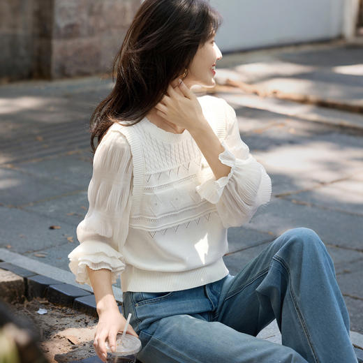 【08/19新品】熙世界设计长袖拼接绞花针织衫女2025秋季新款气质圆领假两件上衣 商品图4