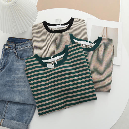 百媚生条纹拼色短袖t恤女纯棉打底衫8118 商品图3