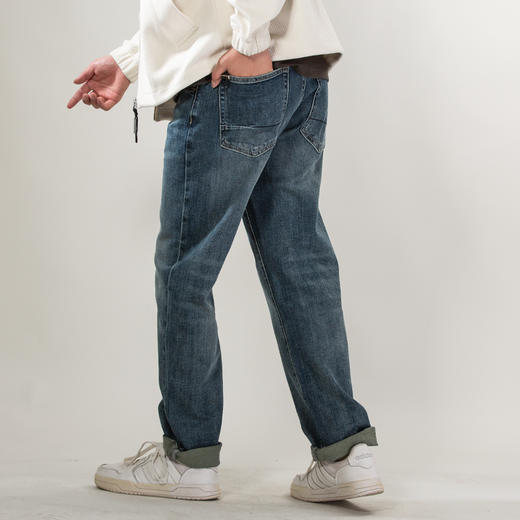 DRONKOO 2025 正常腰后袋压褶蓝色绣线中厚牛仔长裤 商品图2