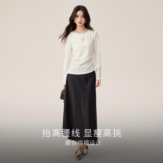 【08/19新品】熙世界白色提花长袖T恤女秋2025新款设计感圆领捏褶收腰显瘦上衣 商品图3