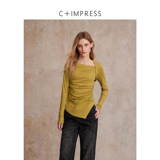 C+IMPRESS/西嘉天丝羊毛 长袖T恤女秋不对称斜领打褶收腰针织上衣T2503050 商品图1