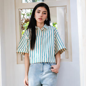 谜底条纹衬衫短袖女2025夏款复古文艺短款宽松百搭衬衣257MC7846