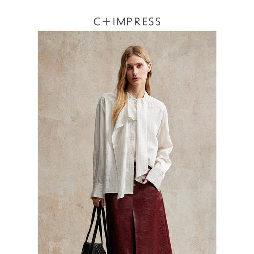 C+IMPRESS/西嘉法式别致飘带衬衫女25秋季新款竖条纹宽松亚麻上衣CS2503009 商品图1