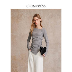 C+IMPRESS/西嘉天丝羊毛 长袖T恤女秋不对称斜领打褶收腰针织上衣T2503050