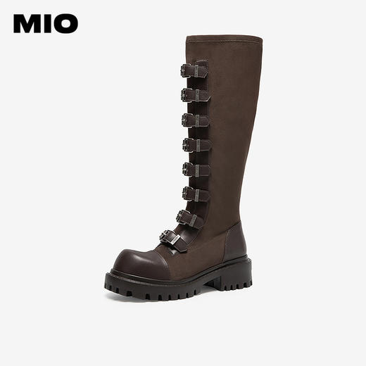 MIO米奥机车骑士靴女款西部牛仔皮扣带冬季新款高筒朋克长靴M255852105 商品图1