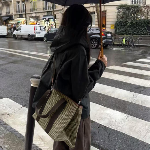 ROMI STUDIO”法式优雅”绵羊毛绒格纹帆布拼接手提托特包434S4063 商品图1