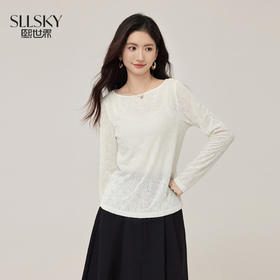 【08/19新品】熙世界蝴蝶提花蕾丝衫女长袖2025早秋新款优雅气质一字领T恤上衣