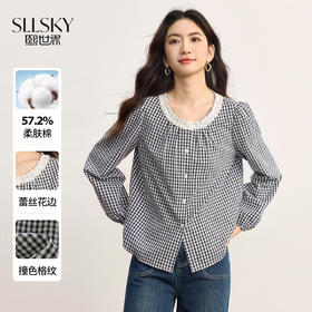 【08/19新品】熙世界法式格子衬衫女长袖2025秋季新款文艺复古蕾丝花边圆领上衣