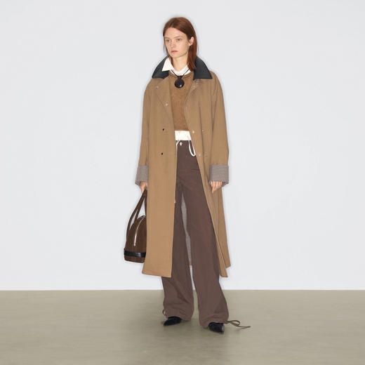 lost in echo2025早秋新款经典千鸟格皮领双排扣水洗长款风衣外套 商品图0