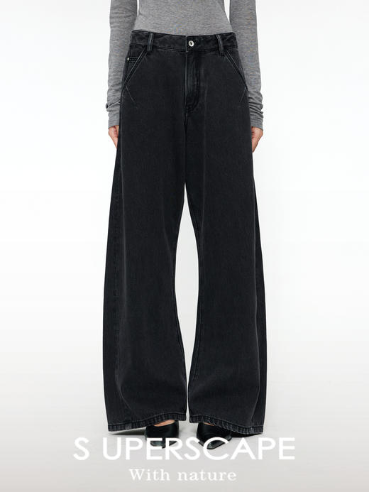 【8/25新品】素舶 S4 全棉进口染料怀旧褪色水洗黑牛耐磨耐穿阔腿牛仔裤 商品图0