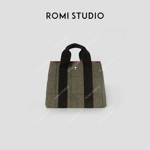 ROMI STUDIO”法式优雅”绵羊毛绒格纹帆布拼接手提托特包434S4063 商品图0