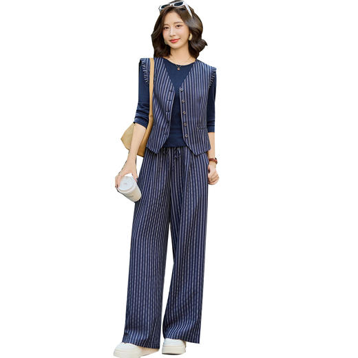 E982-0817时尚套装女2025秋新款高级感洋气针织衫马甲阔腿裤条纹三件套E982 商品图4