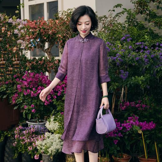 西子/青莲赋桑蚕丝改良明制提花盘扣中袖连衣裙/CQBH855 商品图4