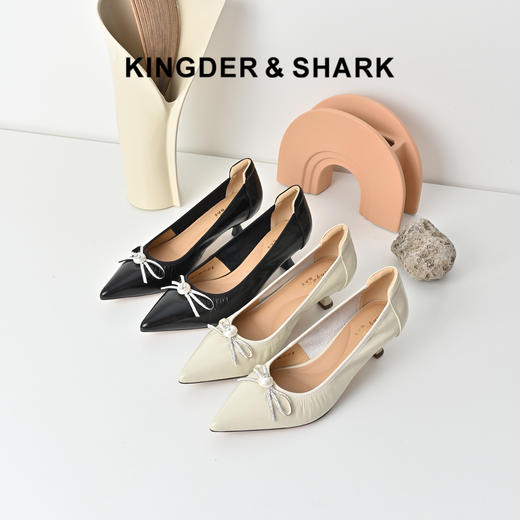 经典鲨2025秋专柜新品牛皮革优雅尖头甜美蝴蝶结高跟鞋单鞋女KC00-537011 商品图0