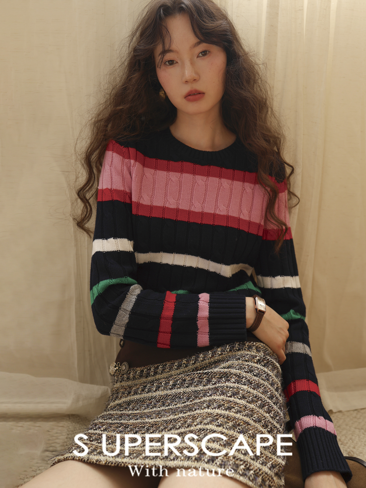 素舶 超细美丽诺羊毛绞花亲肤舒适不规则撞色条纹圆领针织衫