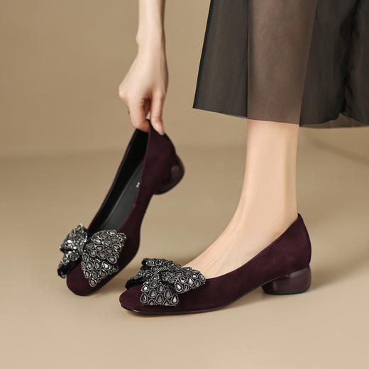 【预售5天】法式绝美亮片浅口蝴蝶结圆头低跟粗跟真皮气质单鞋YS&7233 商品图1