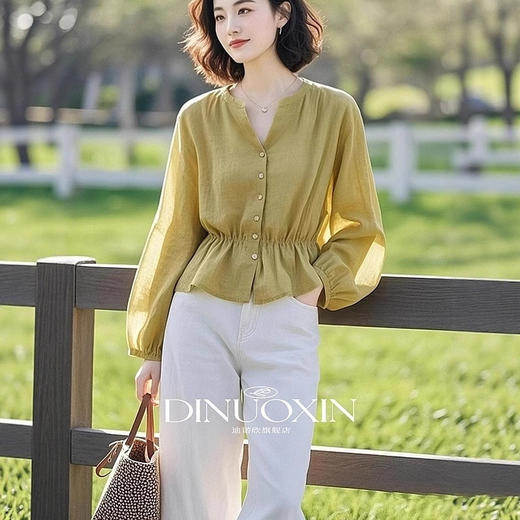 开春小众穿搭超好看独特漂亮老钱风亚麻芥末绿色棉麻衬衫女士上衣 商品图3