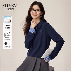 【08/19新品】熙世界MIU系学院polo领T恤女2025秋季新款设计感撞色格纹长袖上衣