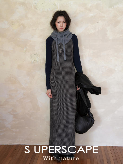 【8/25新品】素舶 莱赛尔轻盈舒适微宽松显瘦版型A摆条纹撞色长袖连衣裙 商品图0