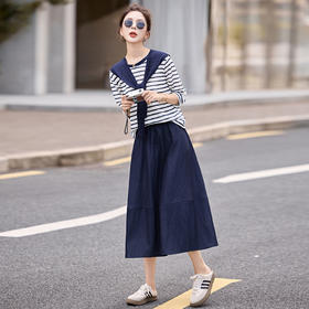 时尚条纹T恤上衣半身裙套装，韩系显瘦宽松减龄两件套HR-LNS9766