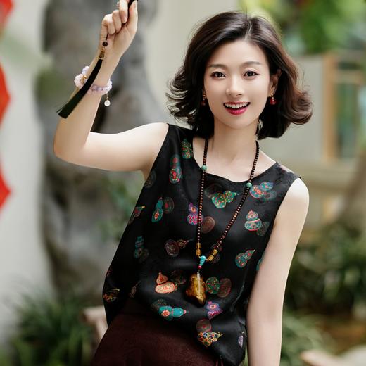 西子/【七彩葫芦】非遗红云纱重磅24姆米桑蚕丝七彩“瑞葫祥纹“印花黑色背心/DDTJ284 商品图8