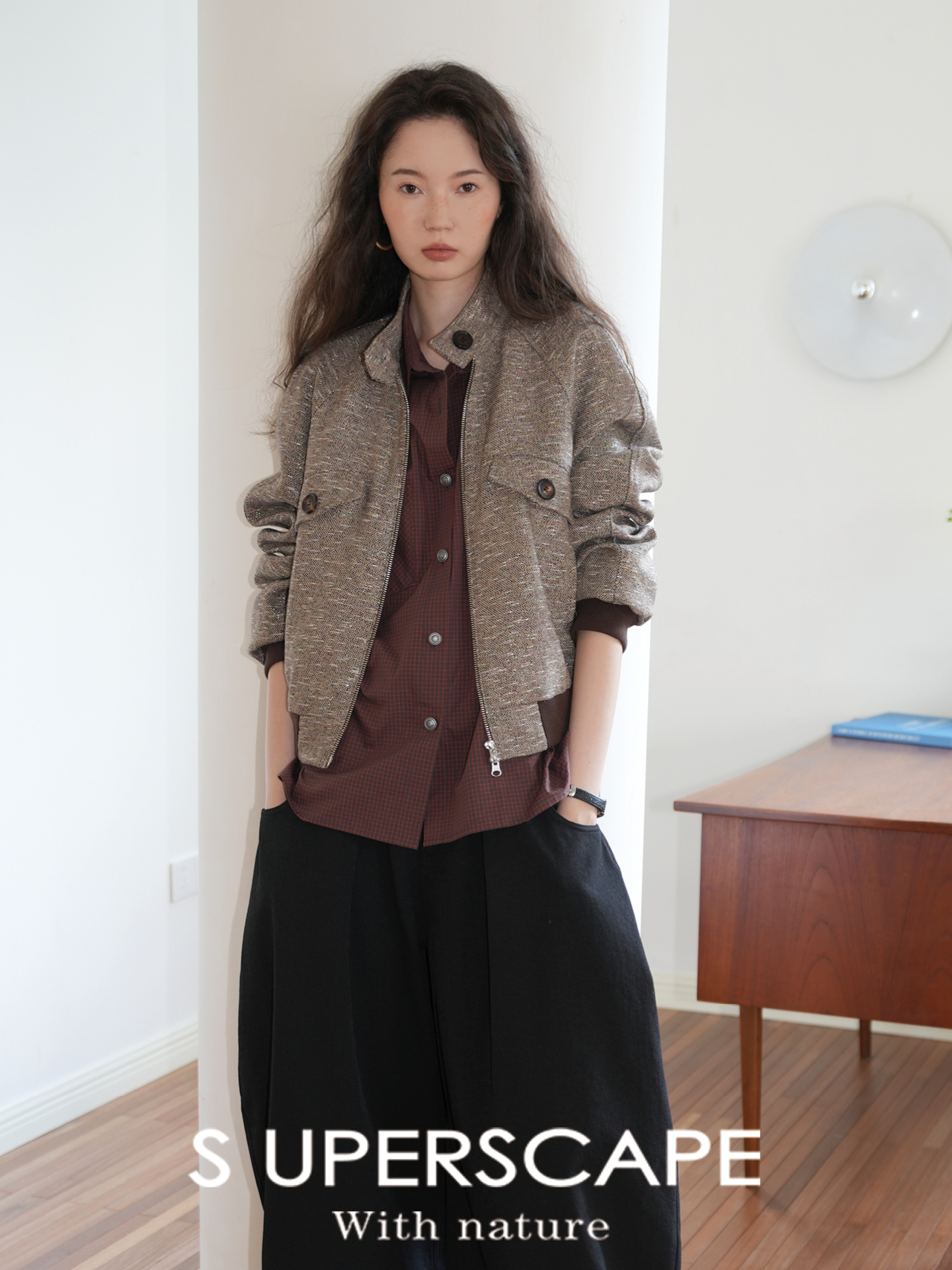 【8/25新品】素舶 羊毛粗纺花呢抗皱防风立领工装撞色罗纹收腰夹克外套