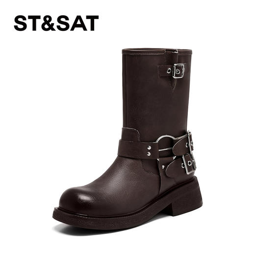 星期六复古擦色金属扣带牛仔短靴SSD3116C50 商品图6