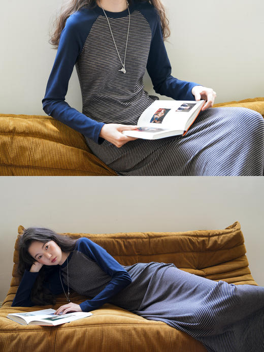 【8/25新品】素舶 莱赛尔轻盈舒适微宽松显瘦版型A摆条纹撞色长袖连衣裙 商品图2