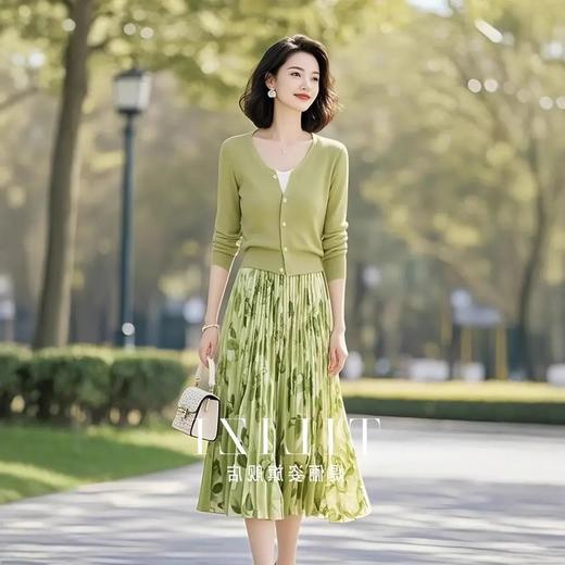 2025超火开春穿搭一整套韩风chic气质减龄休闲清新绿色两件套装裙 商品图3