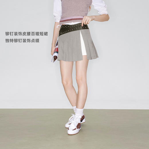 lost in echo2025早秋新款时髦个性铆钉皮腰低腰经典百褶半身短裙 商品图1