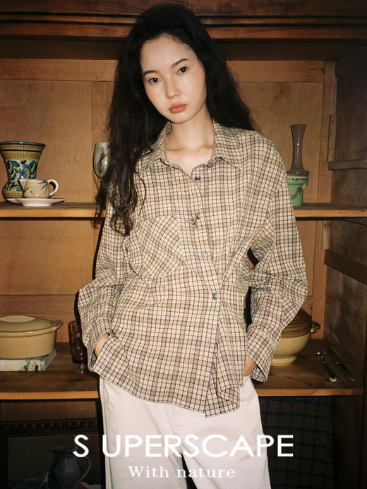 【8/25新品】素舶 纯棉色织格子褶皱肌理感翻领金属扣宽松长袖衬衫 商品图0