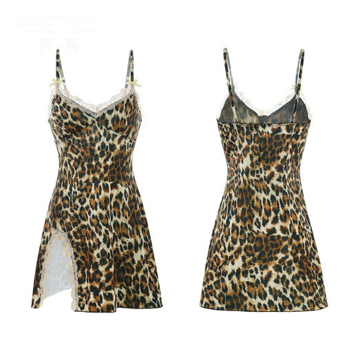 霏慕 复古豹纹蕾丝睡裙7898  情趣内衣免脱开档诱惑床上战袍性感激情套装蕾丝开衩豹纹睡裙 商品图8