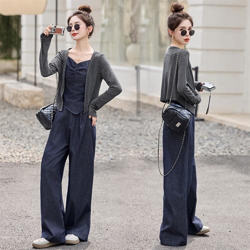 【预售3天】2025秋新款韩版牛仔显瘦百搭背心配阔腿裤休闲三件套套装YDYX9368 商品图1