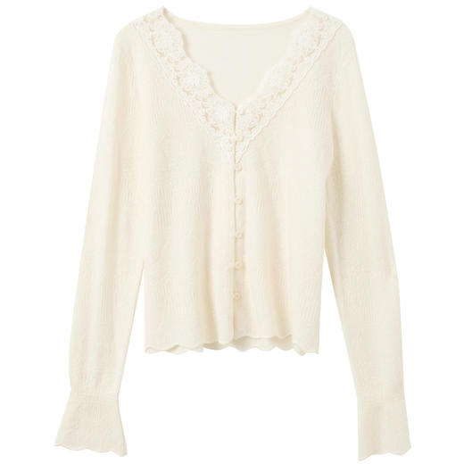 三彩2025秋季新款V领蕾丝提花针织衫打底毛衫长袖开衫温柔风S 商品图4