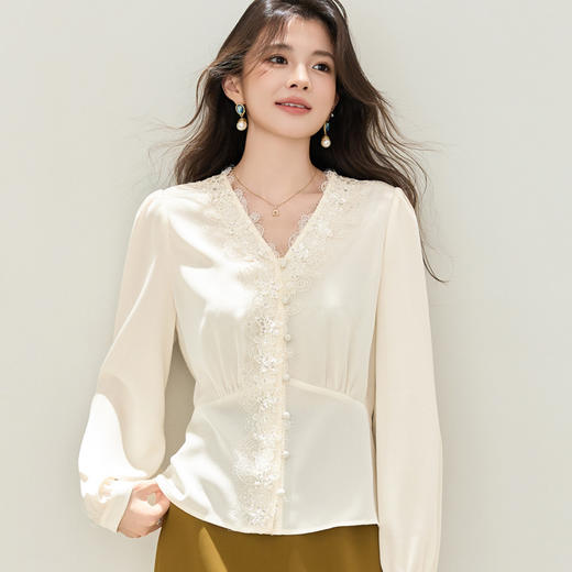 「自」全新升级【铂金会员183/天猫239/差价56】(04240)洛诗琳新款V领钉珠上衣2025秋季蕾丝拼接收腰雪纺衬衫女04240 商品图2